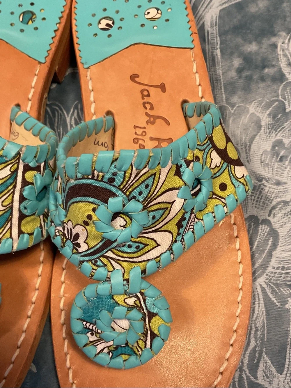 Jack Rogers Turquoise Floral Pattern Leather Thong Sandals - Picture 2 of 6